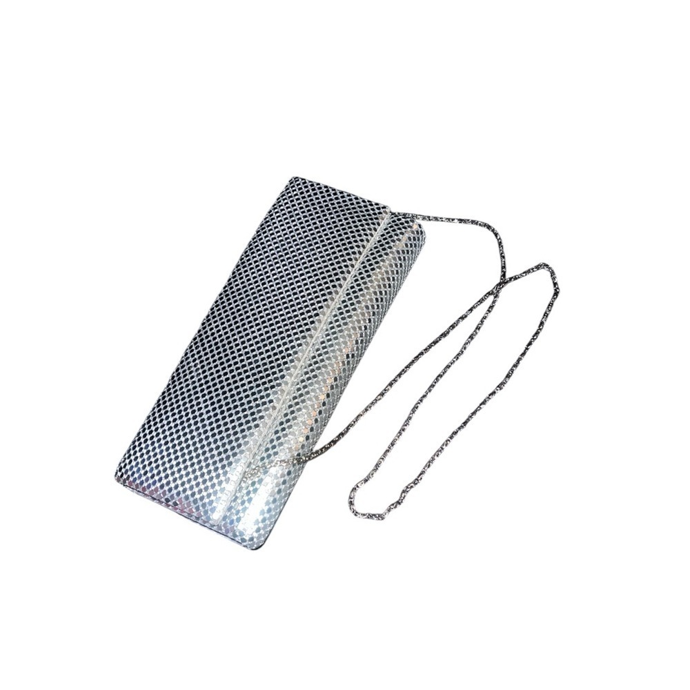 Silver Evening Clutch/ Handbag. Snap closure. Detachable chain. Approx. 11 in